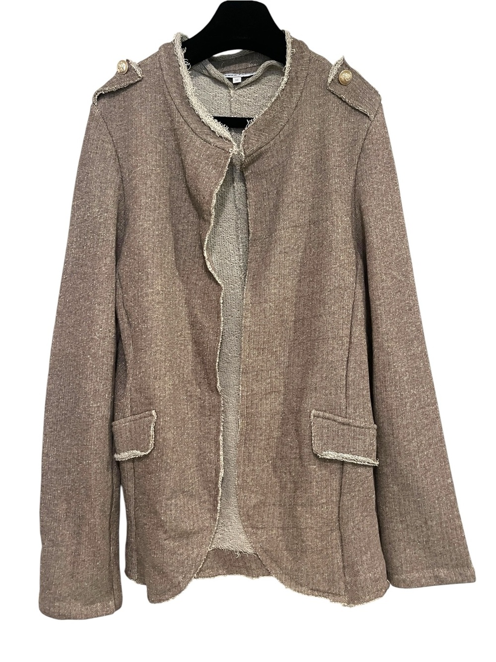 Tempo Paris Military Style Taupe Metallic Thread Open-Front Lightweight Cardigan